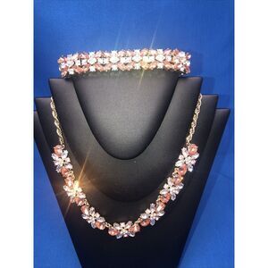 Chapter Club Necklace And Bracelet Set, Glass Stones Peach Color And Gold Tone